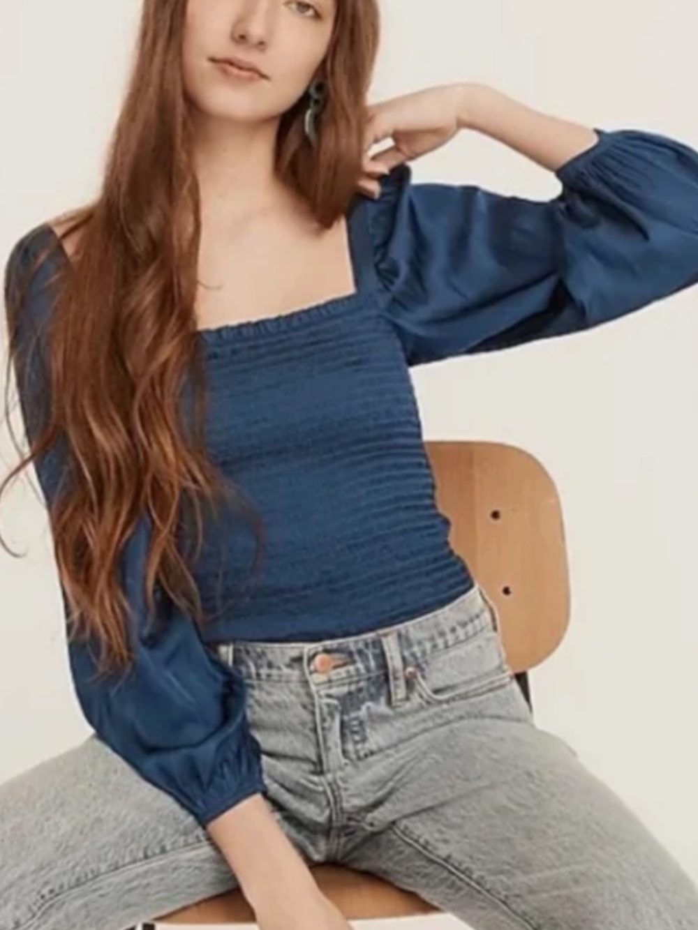 J.Crew Square Neck Smocked Featherweight Satin Cropped Top Blue Puff Sleeve Fall